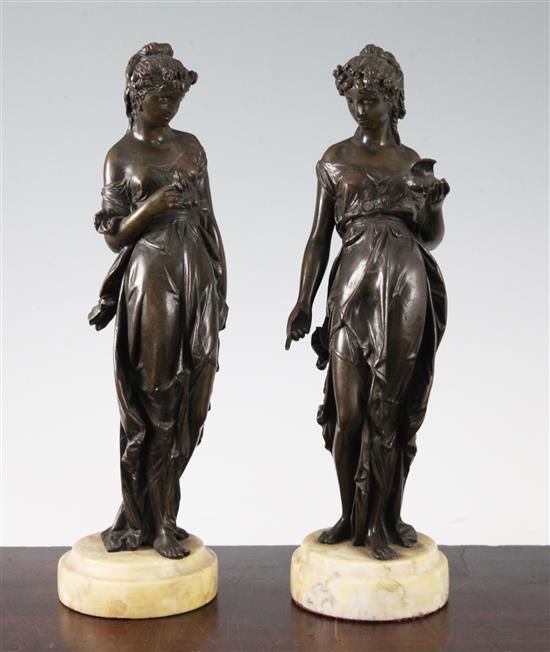 A pair of late 19th century French bronze figures of classical maidens, 11in.